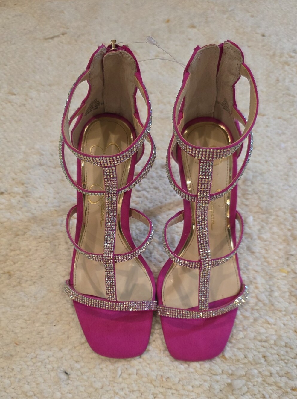 Jessica Simson Hot Pink Strappy Heels Open Toe Rhinestone stilettos Glam Party